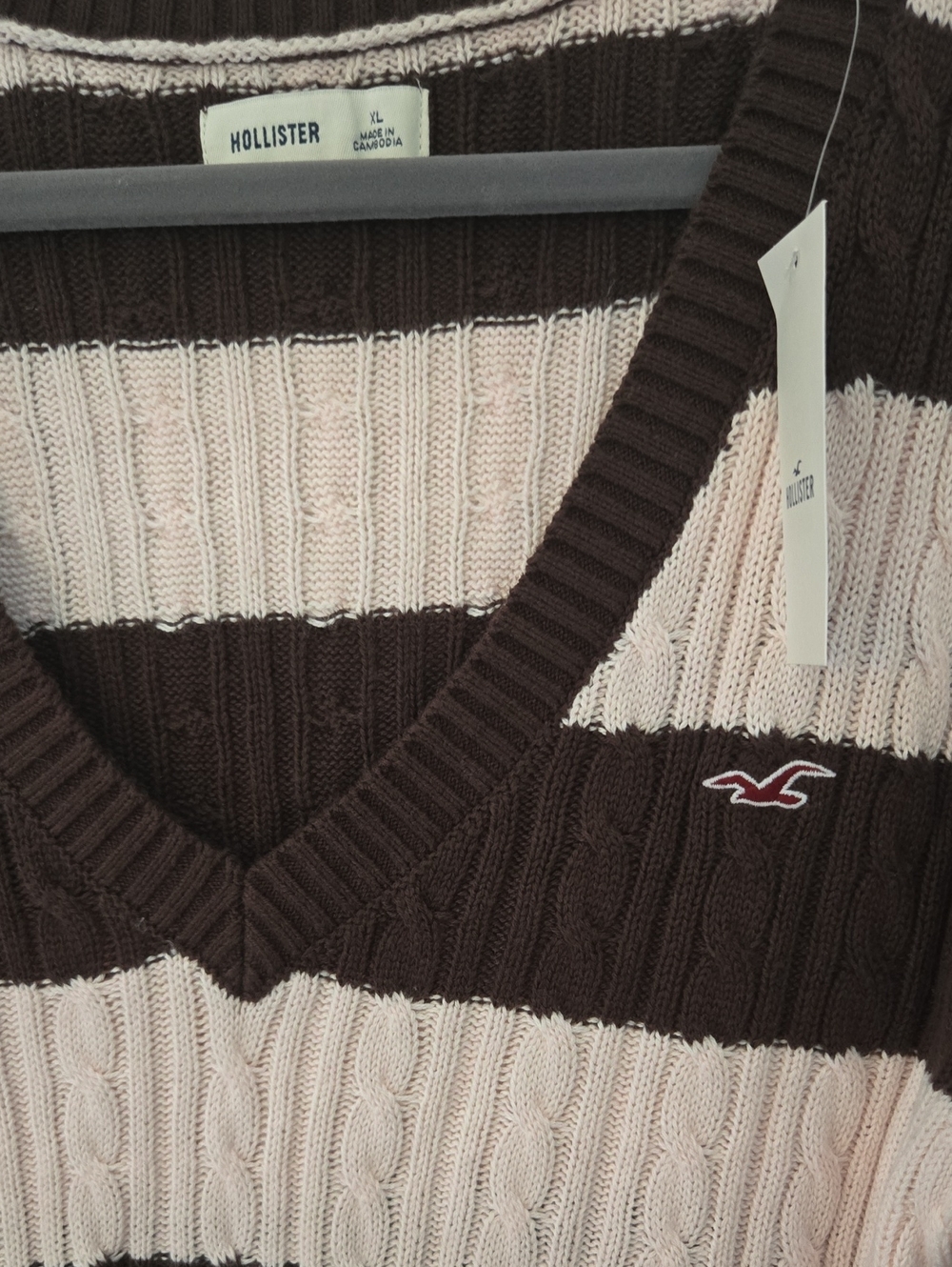 Hollister Pink and Brown Striped V-Neck Cable Knit Sweater - Picture 2 of 5